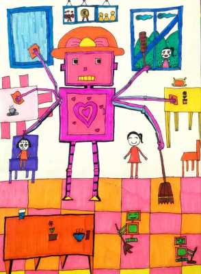 机器人和智能家居绘画（智能家居机器人简单科幻画）-图1